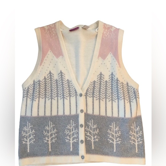 VTG TanJay Winter Vest L Cozy Trees Seed Pearls Gray Pink Cream Button Front - Picture 3 of 6
